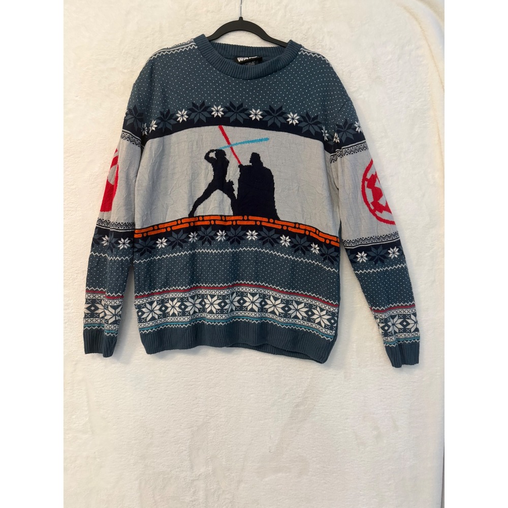 Star Wars Numskull Ugly Christmas Sweater Mens Large Luke vs Vader Knit Blue